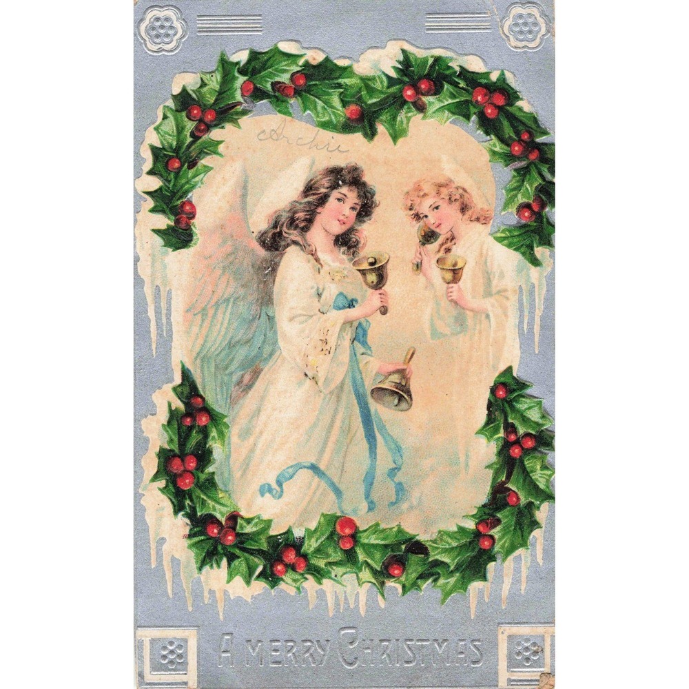 Vintage Embossed Christmas Postcard Angels Holly Wreath Bells Printed in Germany - Picture 1 of 2